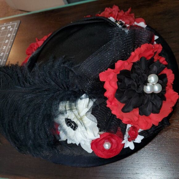 Handmade Kentucky Derby Custom Floral Black & Red Straw Big Brim Hat - Picture 2 of 7